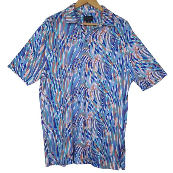 Chase 54 Men’s Polo Shirt Sz Medium Geometric AOP Short Sleeve Polyester Golf - Picture 2 of 7